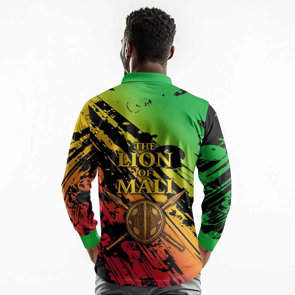 Sundiata Keita Long Sleeve Polo Shirt with Regal Portrait, Lion of Mali Title and Bold Tribal Brushstroke Pattern - African Pride