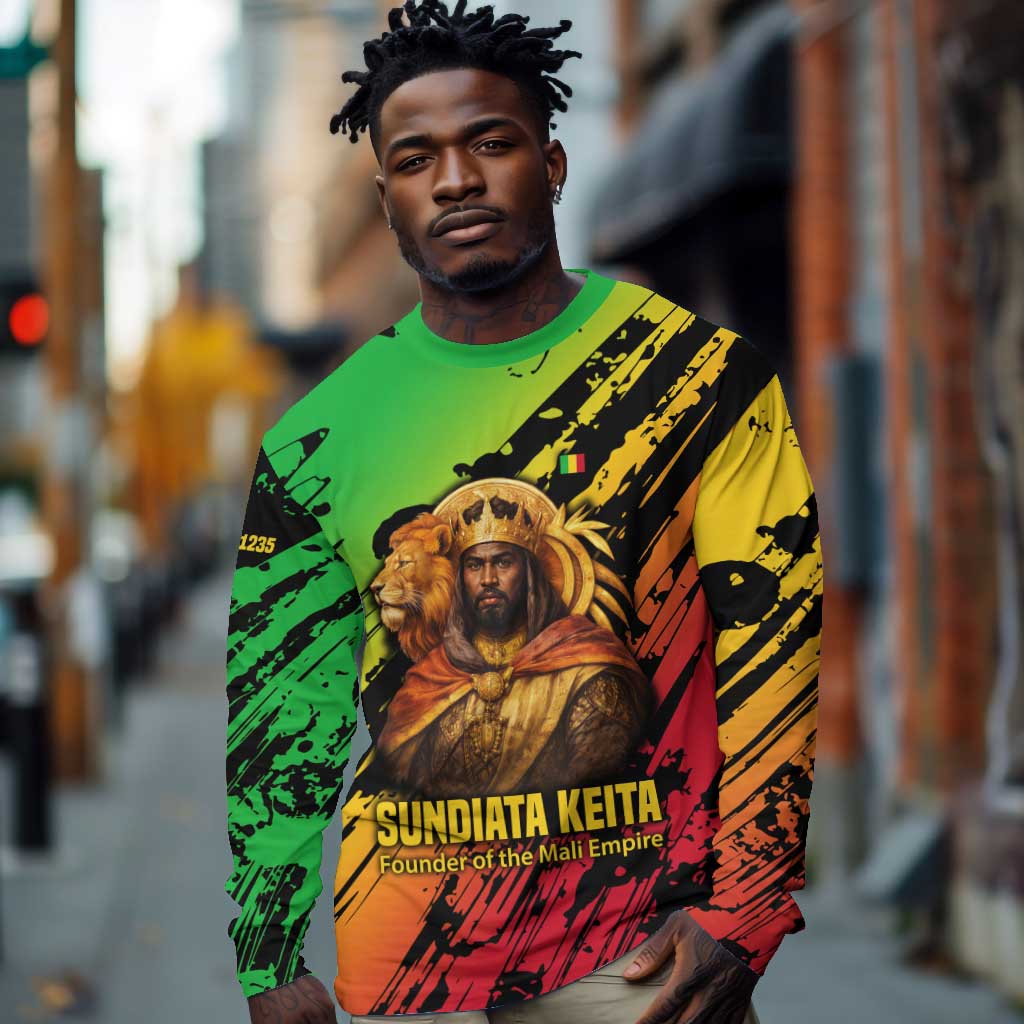Sundiata Keita Long Sleeve Shirt with Regal Portrait, Lion of Mali Title and Bold Tribal Brushstroke Pattern - African Pride