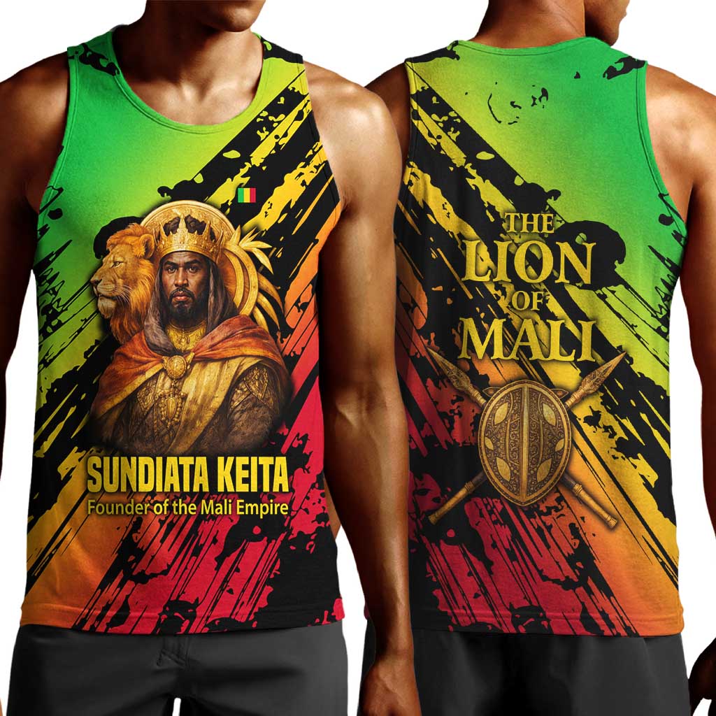 Sundiata Keita Men Tank Top with Regal Portrait, Lion of Mali Title and Bold Tribal Brushstroke Pattern - African Pride