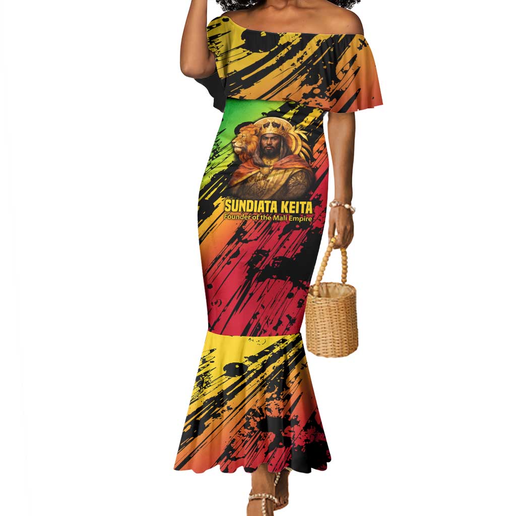 Sundiata Keita Mermaid Dress with Regal Portrait, Lion of Mali Title and Bold Tribal Brushstroke Pattern - African Pride