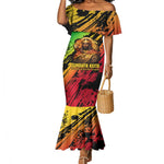 Sundiata Keita Mermaid Dress with Regal Portrait, Lion of Mali Title and Bold Tribal Brushstroke Pattern - African Pride