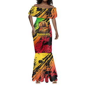 Sundiata Keita Mermaid Dress with Regal Portrait, Lion of Mali Title and Bold Tribal Brushstroke Pattern - African Pride