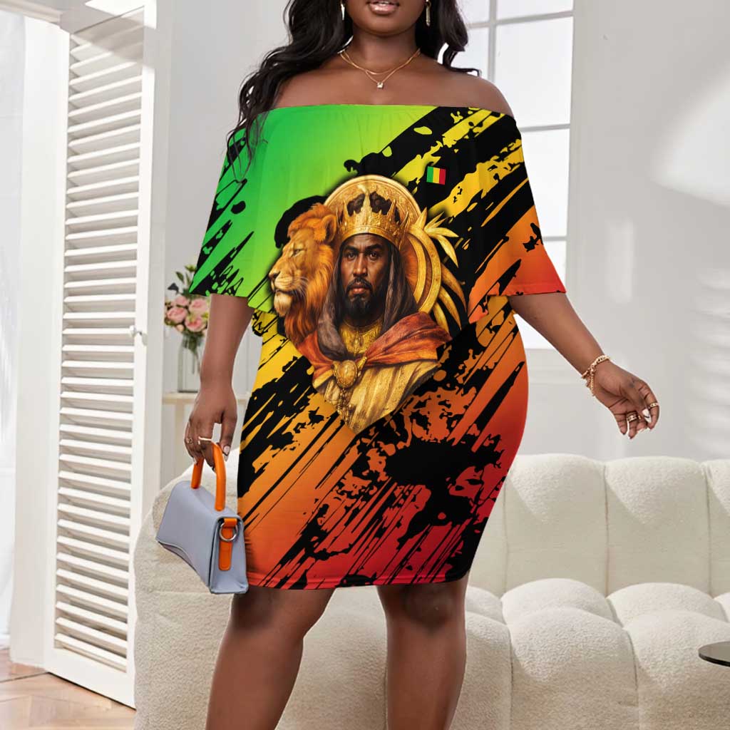 Sundiata Keita Off Shoulder Short Dress with Regal Portrait, Lion of Mali Title and Bold Tribal Brushstroke Pattern - African Pride