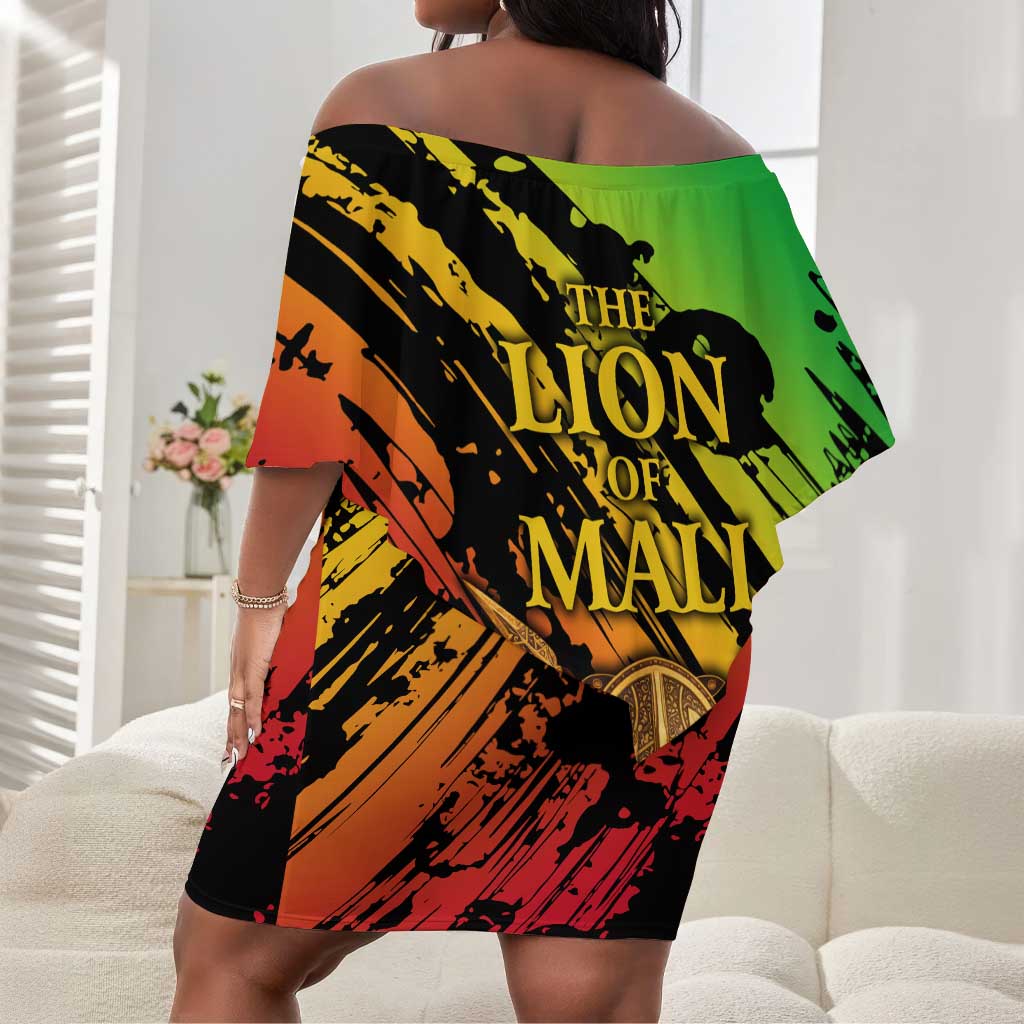 Sundiata Keita Off Shoulder Short Dress with Regal Portrait, Lion of Mali Title and Bold Tribal Brushstroke Pattern - African Pride