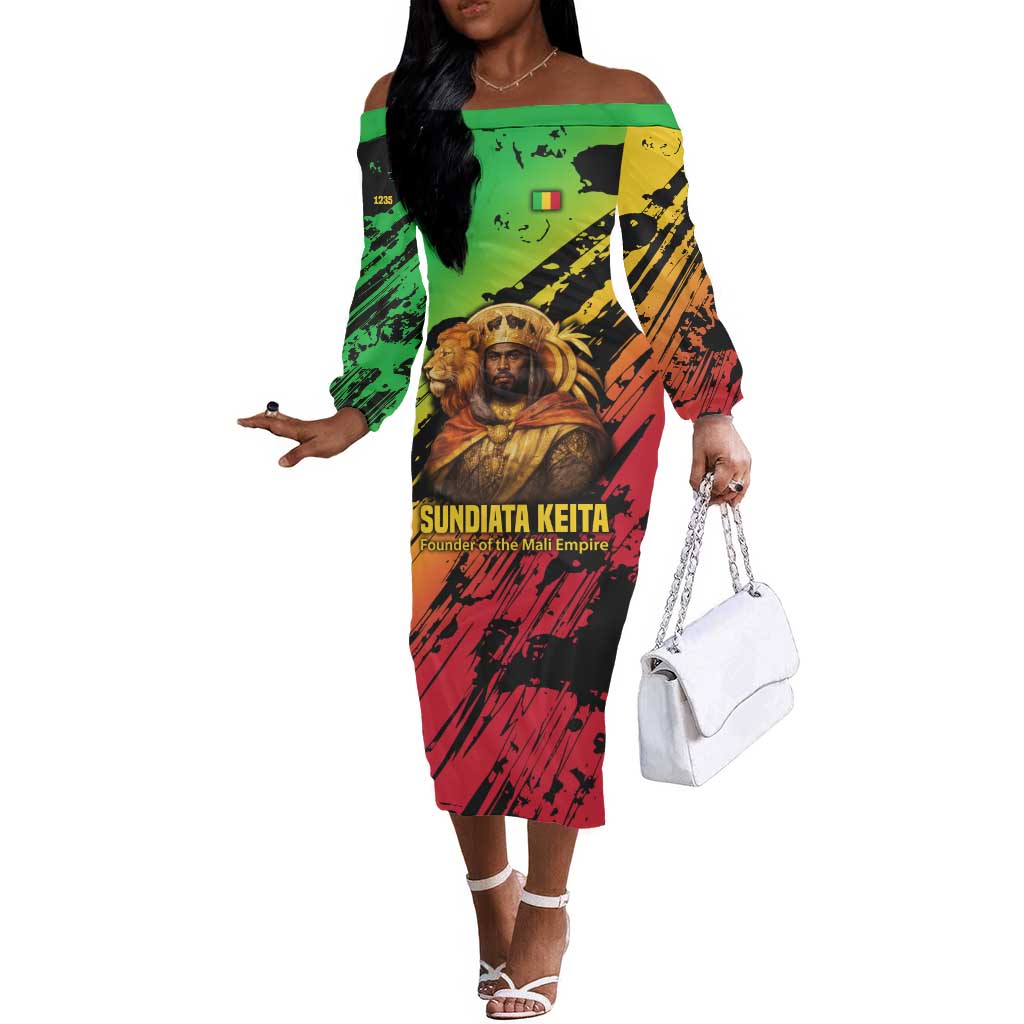 Sundiata Keita Off The Shoulder Long Sleeve Dress with Regal Portrait, Lion of Mali Title and Bold Tribal Brushstroke Pattern - African Pride