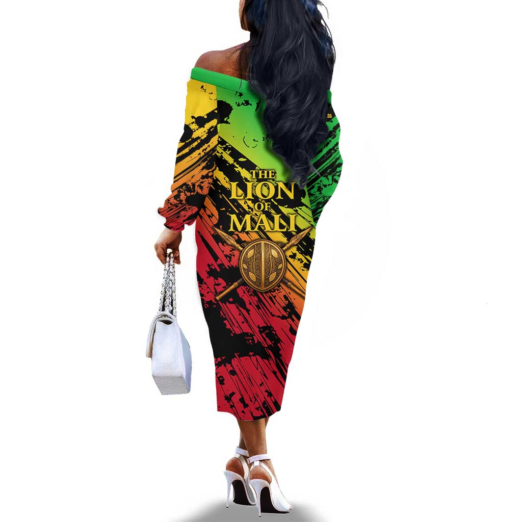 Sundiata Keita Off The Shoulder Long Sleeve Dress with Regal Portrait, Lion of Mali Title and Bold Tribal Brushstroke Pattern - African Pride