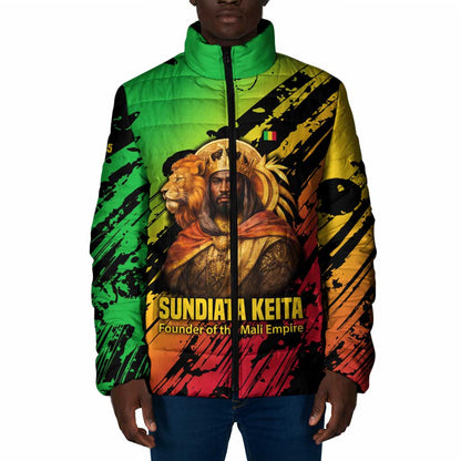 Sundiata Keita Padded Jacket with Regal Portrait, Lion of Mali Title and Bold Tribal Brushstroke Pattern - African Pride