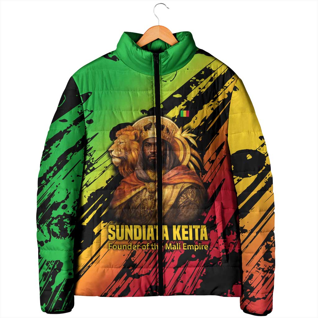 Sundiata Keita Padded Jacket with Regal Portrait, Lion of Mali Title and Bold Tribal Brushstroke Pattern - African Pride