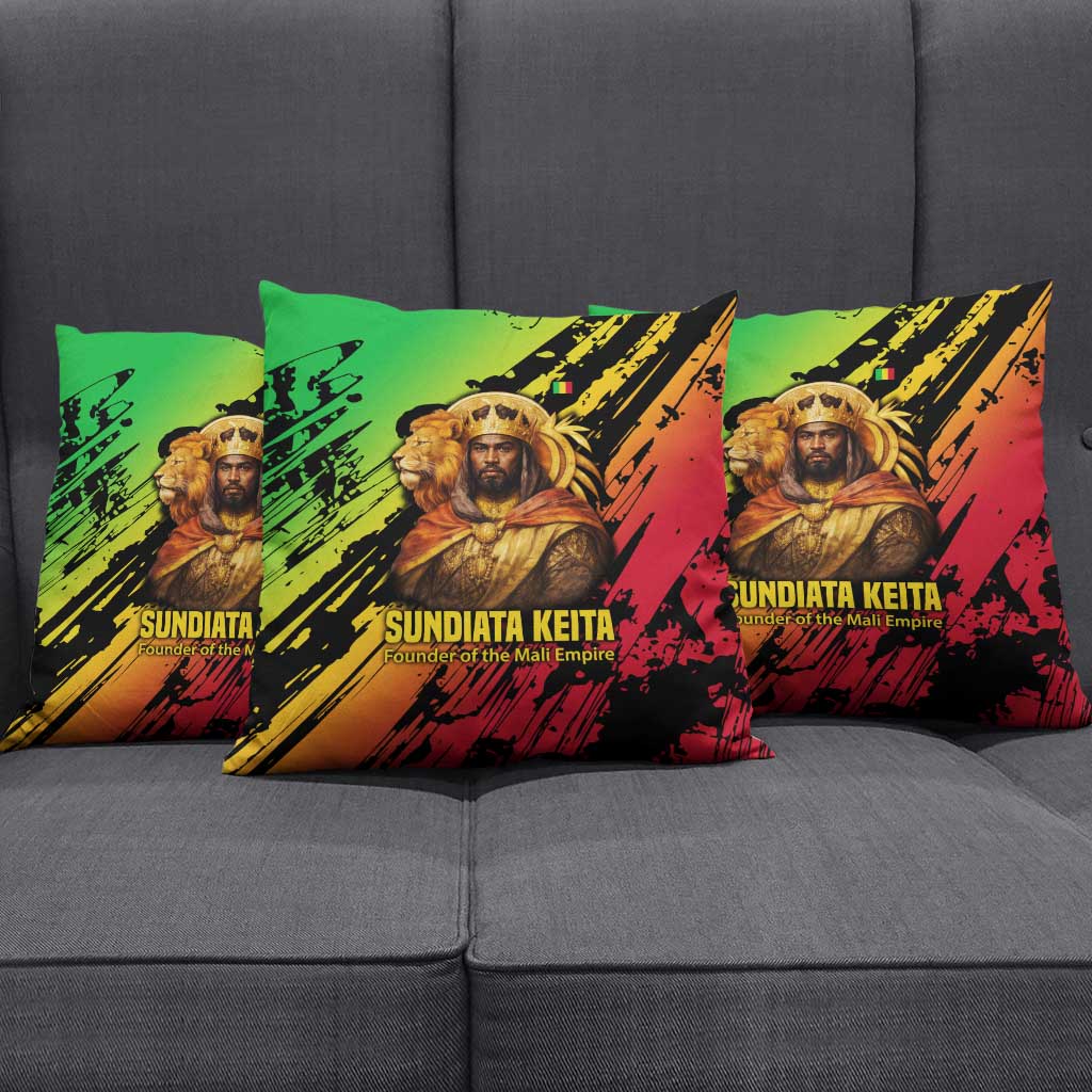 Sundiata Keita Pillow Cover with Regal Portrait, Lion of Mali Title and Bold Tribal Brushstroke Pattern - African Pride