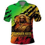 Sundiata Keita Polo Shirt with Regal Portrait, Lion of Mali Title and Bold Tribal Brushstroke Pattern - African Pride