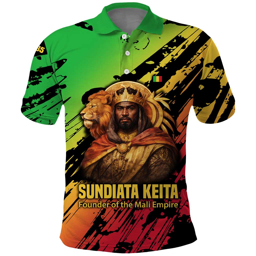 Sundiata Keita Polo Shirt with Regal Portrait, Lion of Mali Title and Bold Tribal Brushstroke Pattern - African Pride