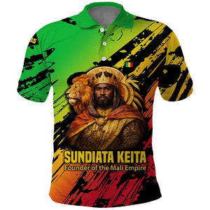 Sundiata Keita Polo Shirt with Regal Portrait, Lion of Mali Title and Bold Tribal Brushstroke Pattern - African Pride