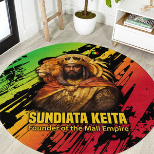 Sundiata Keita Round Carpet with Regal Portrait, Lion of Mali Title and Bold Tribal Brushstroke Pattern - African Pride