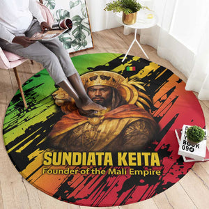 Sundiata Keita Round Carpet with Regal Portrait, Lion of Mali Title and Bold Tribal Brushstroke Pattern - African Pride