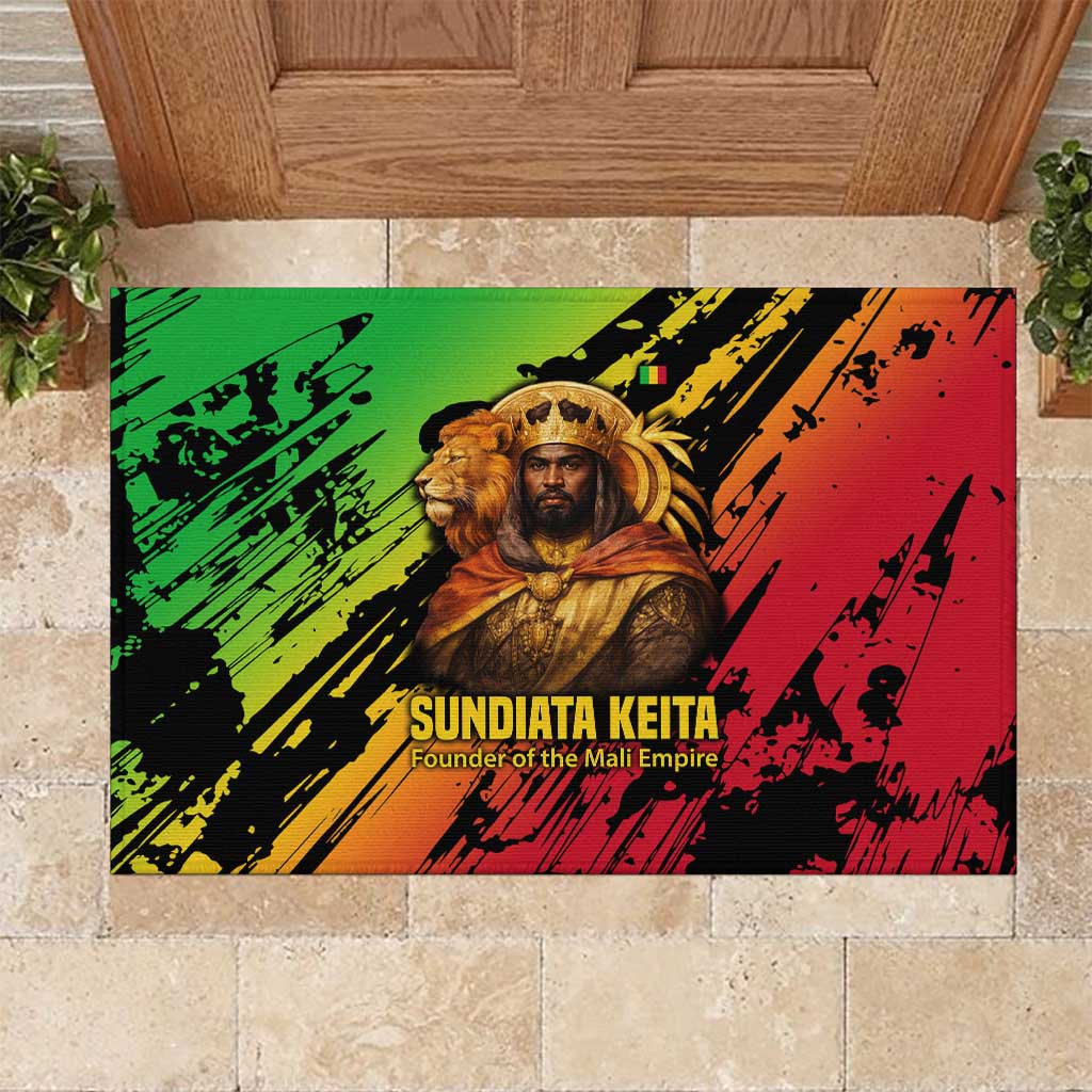 Sundiata Keita Rubber Doormat with Regal Portrait, Lion of Mali Title and Bold Tribal Brushstroke Pattern - African Pride
