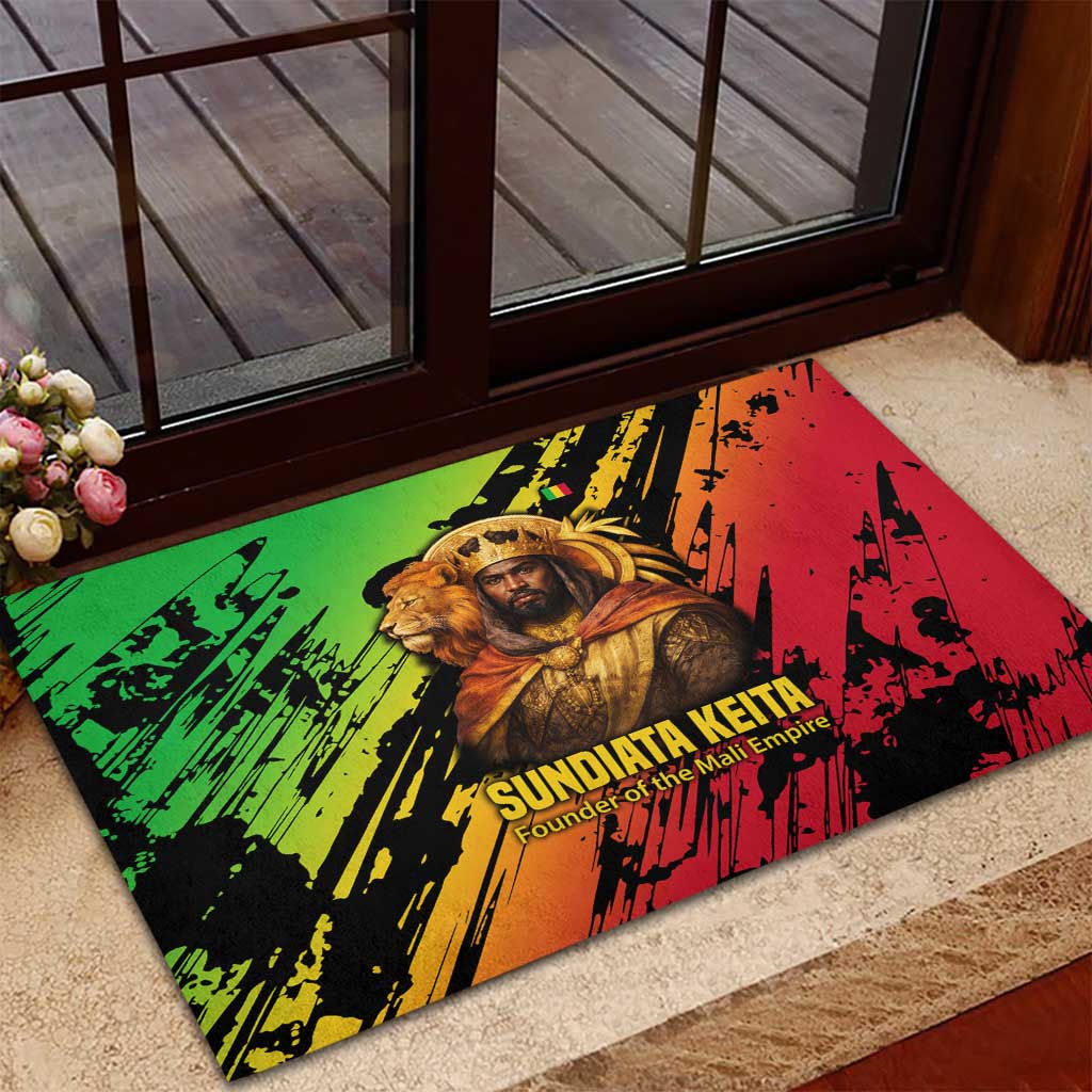 Sundiata Keita Rubber Doormat with Regal Portrait, Lion of Mali Title and Bold Tribal Brushstroke Pattern - African Pride