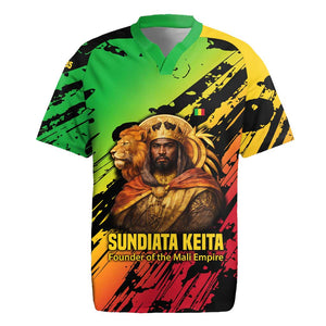Sundiata Keita Rugby Jersey with Regal Portrait, Lion of Mali Title and Bold Tribal Brushstroke Pattern - African Pride