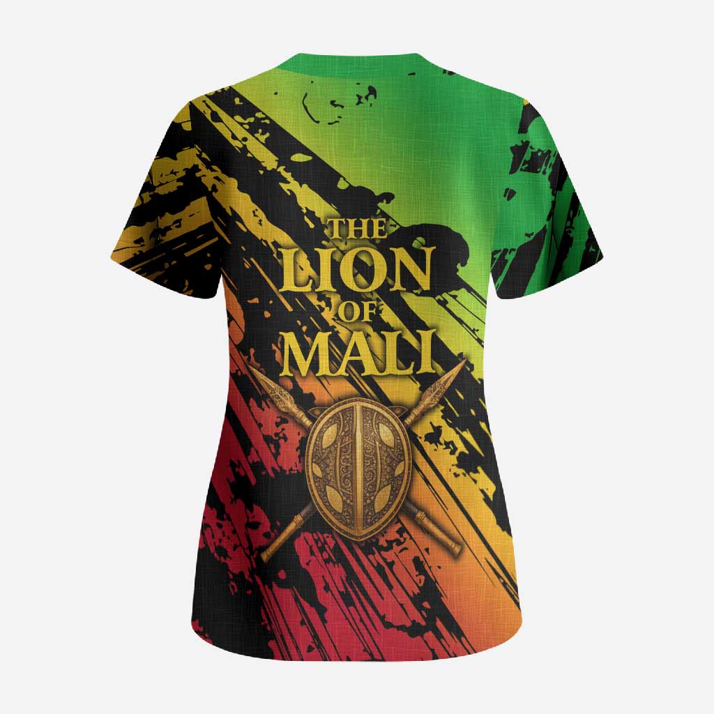 Sundiata Keita Scrub Top with Regal Portrait, Lion of Mali Title and Bold Tribal Brushstroke Pattern - African Pride