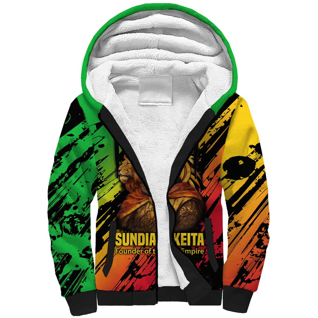 Sundiata Keita Sherpa Hoodie with Regal Portrait, Lion of Mali Title and Bold Tribal Brushstroke Pattern - African Pride
