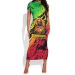 Sundiata Keita Short Sleeve Bodycon Dress with Regal Portrait, Lion of Mali Title and Bold Tribal Brushstroke Pattern - African Pride