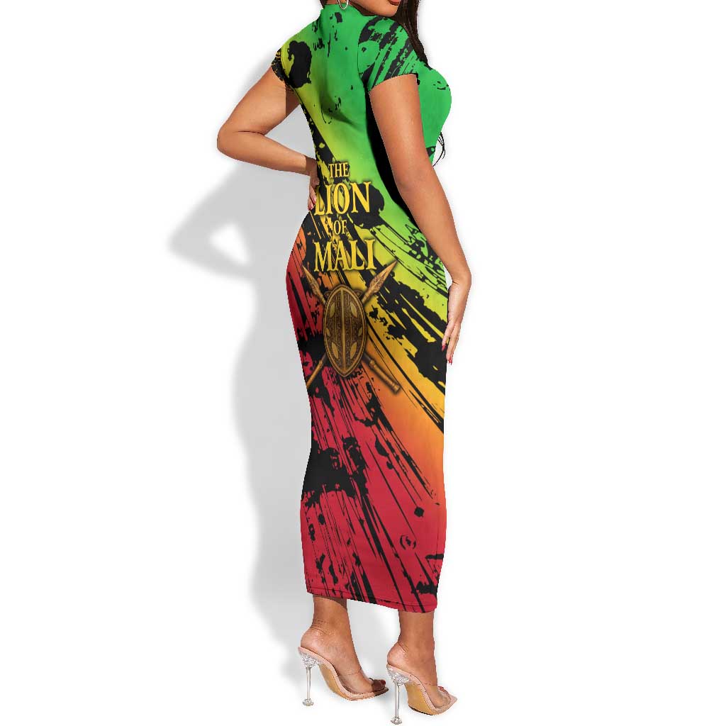 Sundiata Keita Short Sleeve Bodycon Dress with Regal Portrait, Lion of Mali Title and Bold Tribal Brushstroke Pattern - African Pride