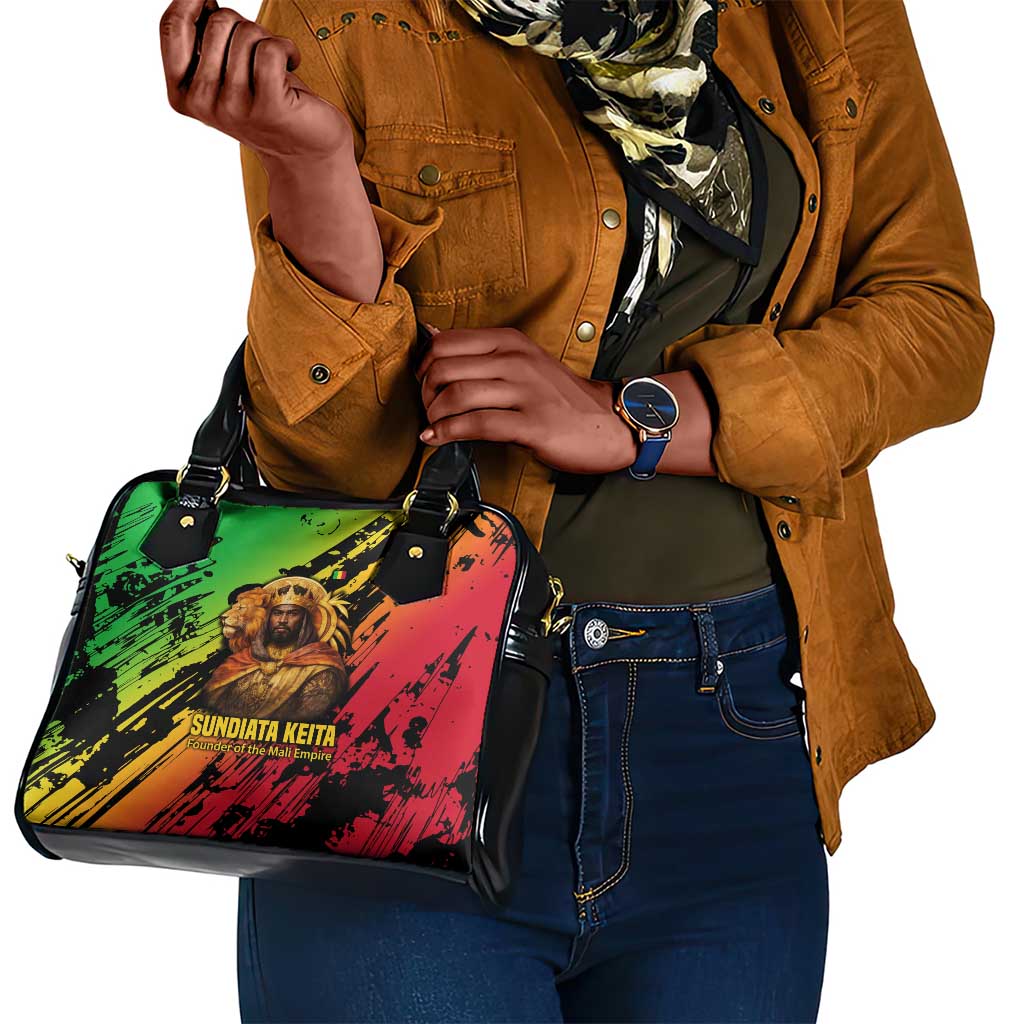 Sundiata Keita Shoulder Handbag with Regal Portrait, Lion of Mali Title and Bold Tribal Brushstroke Pattern - African Pride