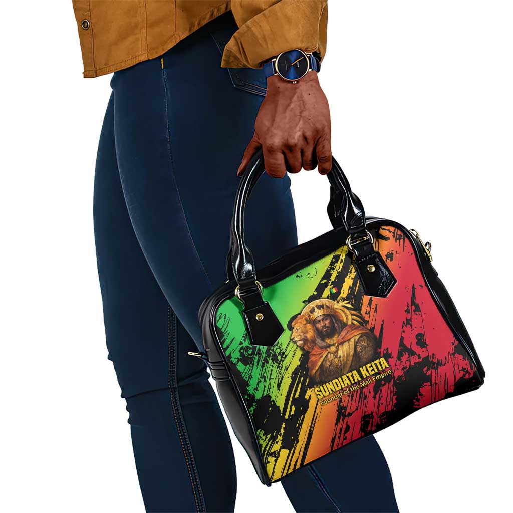 Sundiata Keita Shoulder Handbag with Regal Portrait, Lion of Mali Title and Bold Tribal Brushstroke Pattern - African Pride