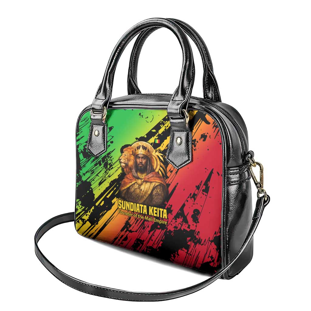 Sundiata Keita Shoulder Handbag with Regal Portrait, Lion of Mali Title and Bold Tribal Brushstroke Pattern - African Pride
