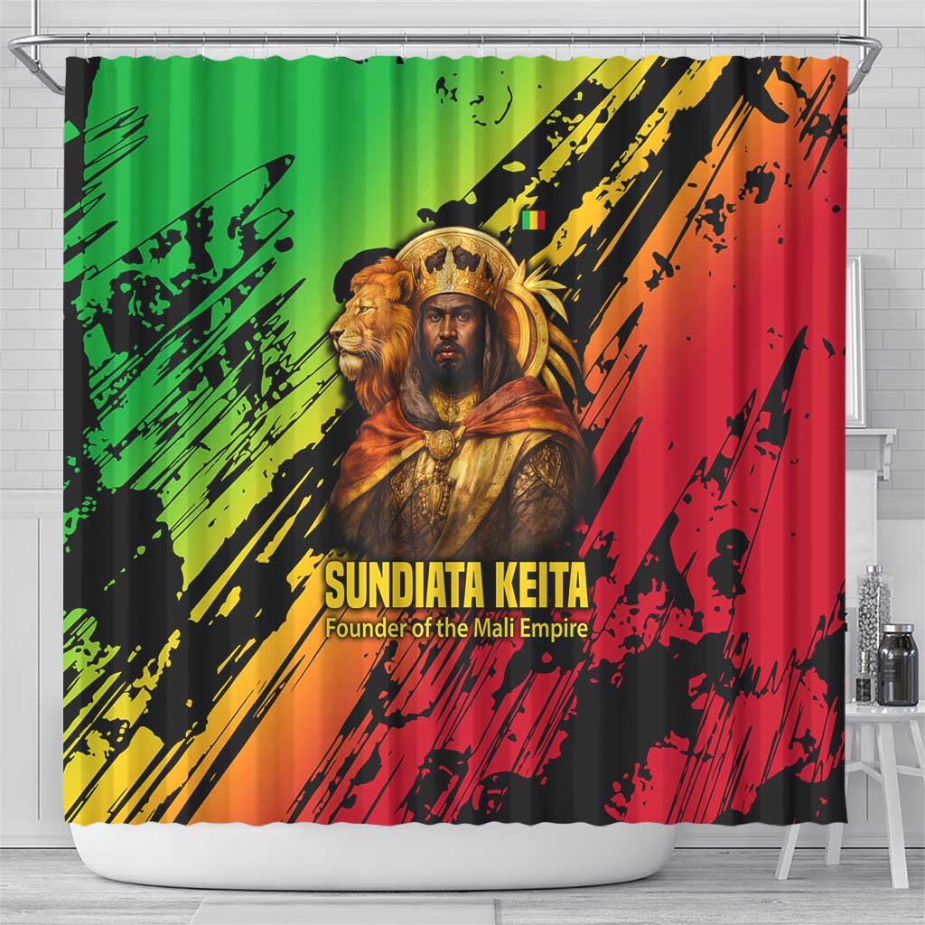Sundiata Keita Shower Curtain with Regal Portrait, Lion of Mali Title and Bold Tribal Brushstroke Pattern - African Pride