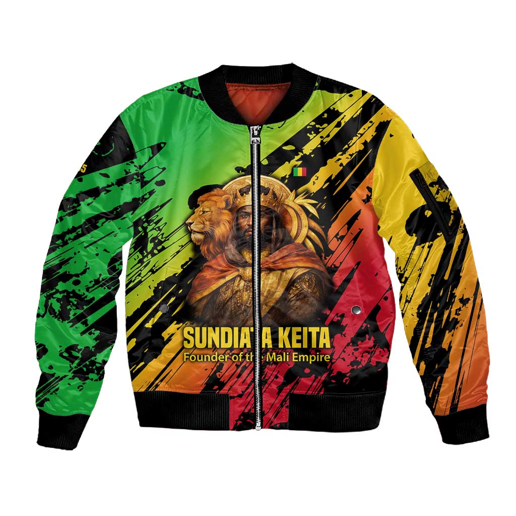 Sundiata Keita Sleeve Zip Bomber Jacket with Regal Portrait, Lion of Mali Title and Bold Tribal Brushstroke Pattern - African Pride