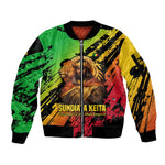 Sundiata Keita Sleeve Zip Bomber Jacket with Regal Portrait, Lion of Mali Title and Bold Tribal Brushstroke Pattern - African Pride