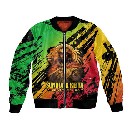 Sundiata Keita Sleeve Zip Bomber Jacket with Regal Portrait, Lion of Mali Title and Bold Tribal Brushstroke Pattern - African Pride