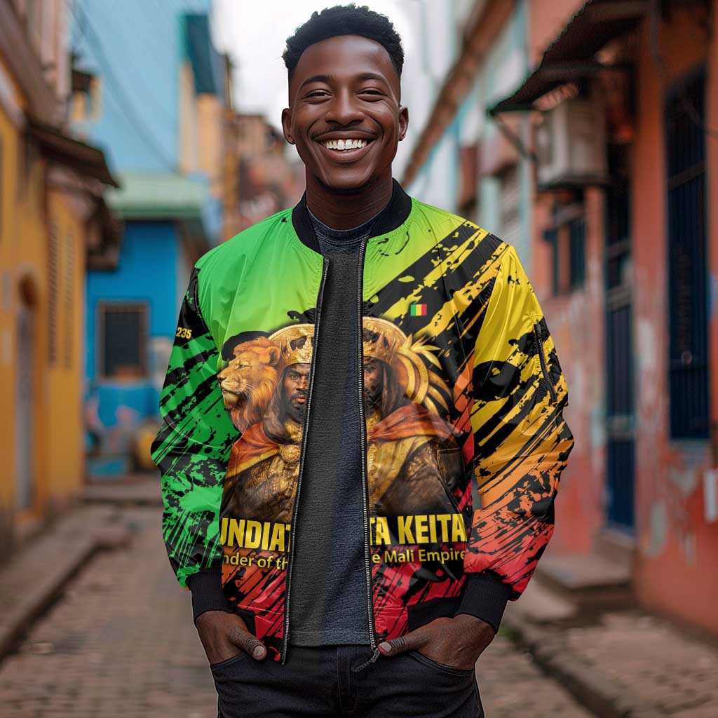 Sundiata Keita Sleeve Zip Bomber Jacket with Regal Portrait, Lion of Mali Title and Bold Tribal Brushstroke Pattern - African Pride