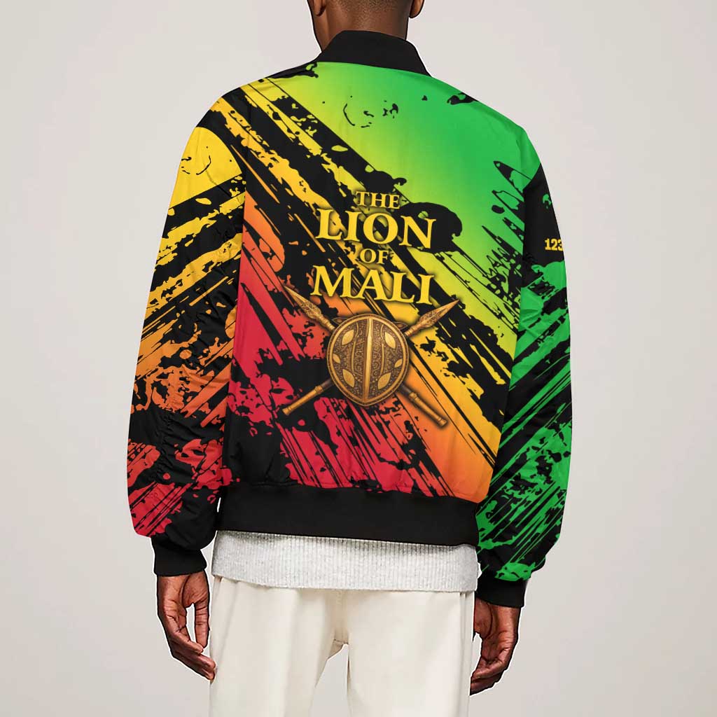 Sundiata Keita Sleeve Zip Bomber Jacket with Regal Portrait, Lion of Mali Title and Bold Tribal Brushstroke Pattern - African Pride