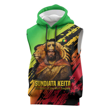 Sundiata Keita Sleeveless Hoodie with Regal Portrait, Lion of Mali Title and Bold Tribal Brushstroke Pattern - African Pride