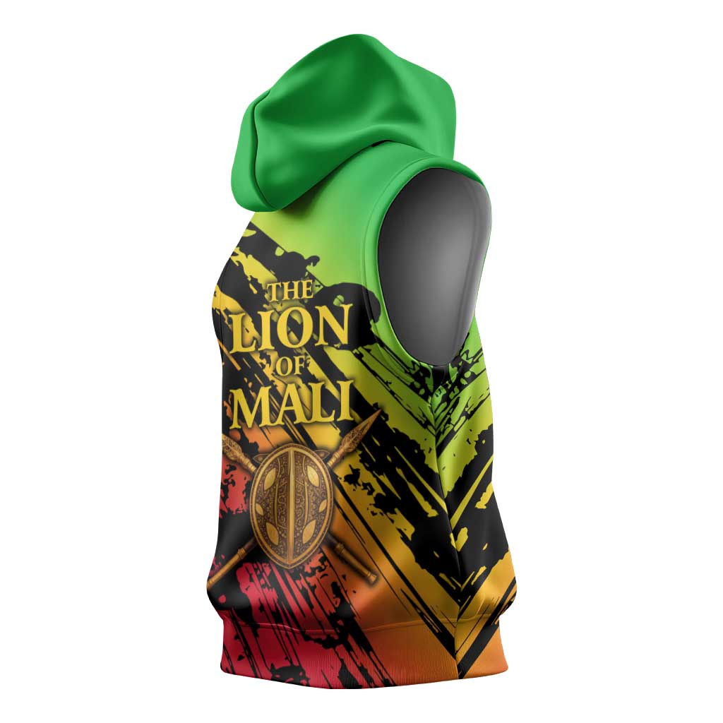 Sundiata Keita Sleeveless Hoodie with Regal Portrait, Lion of Mali Title and Bold Tribal Brushstroke Pattern - African Pride