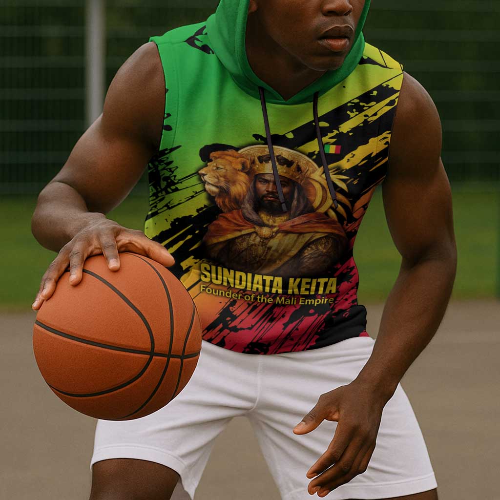 Sundiata Keita Sleeveless Hoodie with Regal Portrait, Lion of Mali Title and Bold Tribal Brushstroke Pattern - African Pride