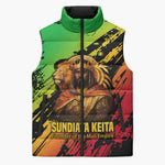 Sundiata Keita Sleeveless Puffer Jacket with Regal Portrait, Lion of Mali Title and Bold Tribal Brushstroke Pattern - African Pride