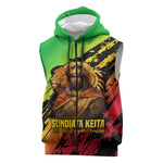 Sundiata Keita Sleeveless Zip Hoodie with Regal Portrait, Lion of Mali Title and Bold Tribal Brushstroke Pattern - African Pride