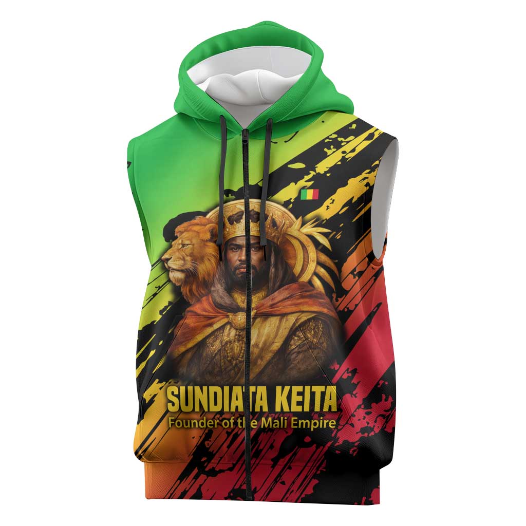 Sundiata Keita Sleeveless Zip Hoodie with Regal Portrait, Lion of Mali Title and Bold Tribal Brushstroke Pattern - African Pride