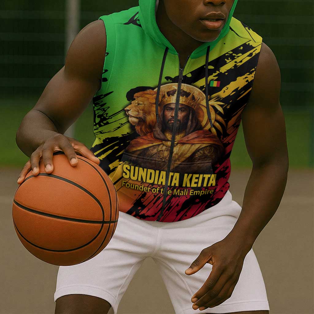 Sundiata Keita Sleeveless Zip Hoodie with Regal Portrait, Lion of Mali Title and Bold Tribal Brushstroke Pattern - African Pride