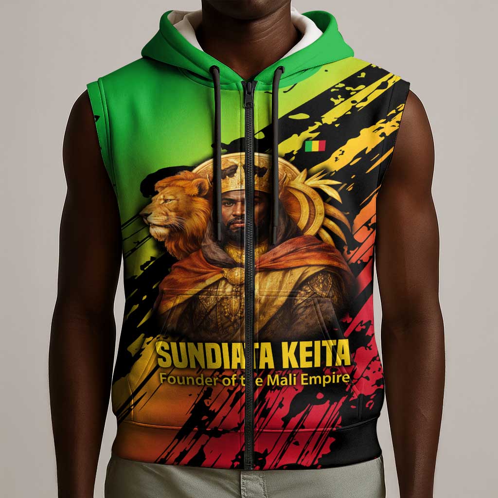 Sundiata Keita Sleeveless Zip Hoodie with Regal Portrait, Lion of Mali Title and Bold Tribal Brushstroke Pattern - African Pride