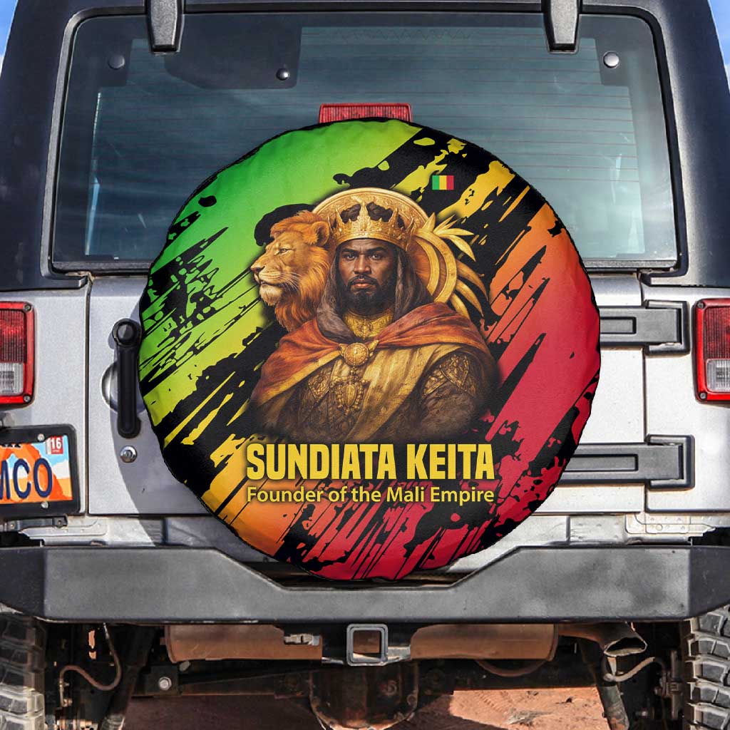 Sundiata Keita Spare Tire Cover with Regal Portrait, Lion of Mali Title and Bold Tribal Brushstroke Pattern - African Pride