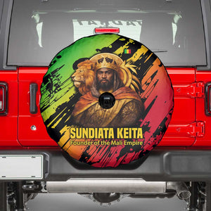 Sundiata Keita Spare Tire Cover with Regal Portrait, Lion of Mali Title and Bold Tribal Brushstroke Pattern - African Pride