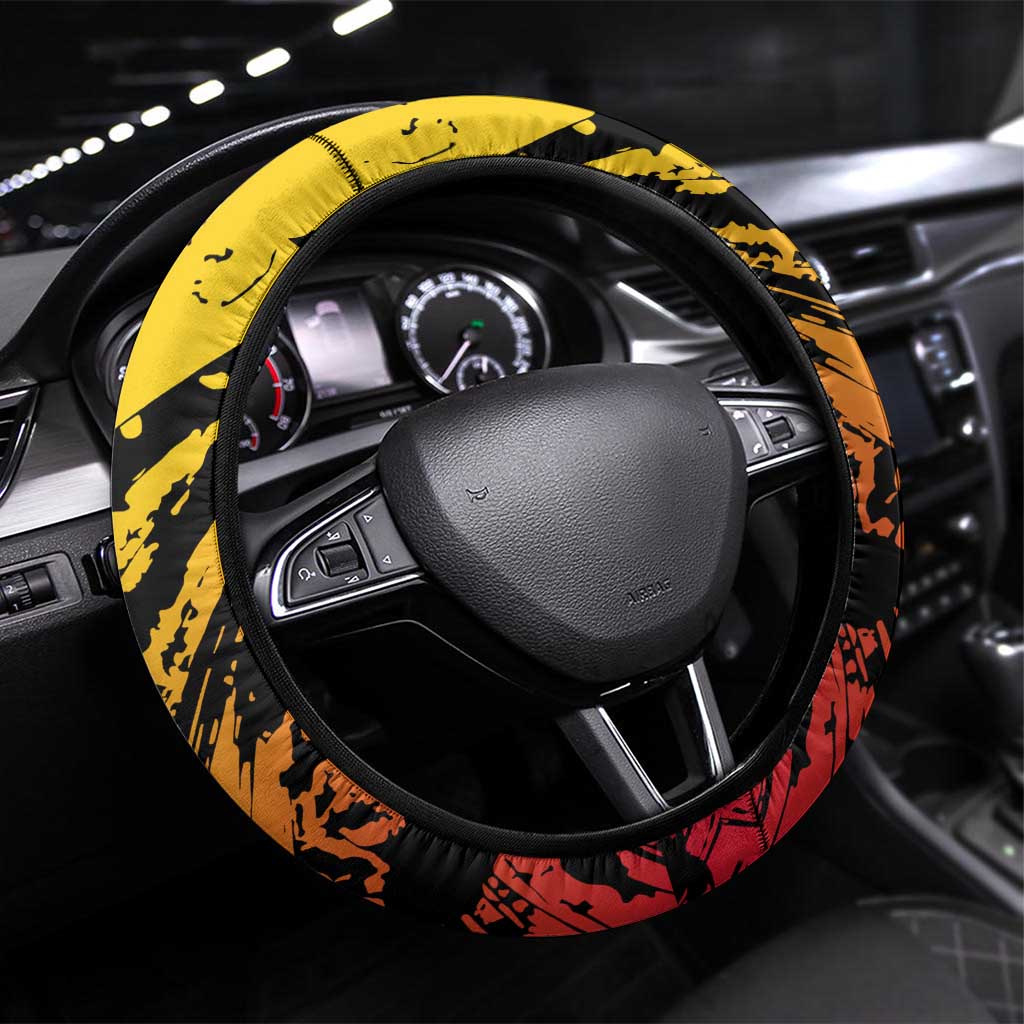 Sundiata Keita Steering Wheel Cover with Regal Portrait, Lion of Mali Title and Bold Tribal Brushstroke Pattern - African Pride