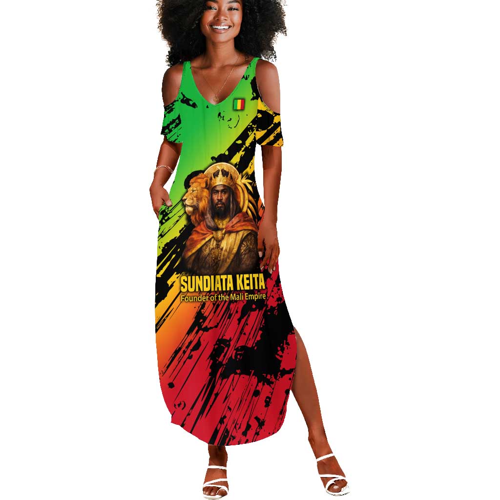 Sundiata Keita Summer Maxi Dress with Regal Portrait, Lion of Mali Title and Bold Tribal Brushstroke Pattern - African Pride