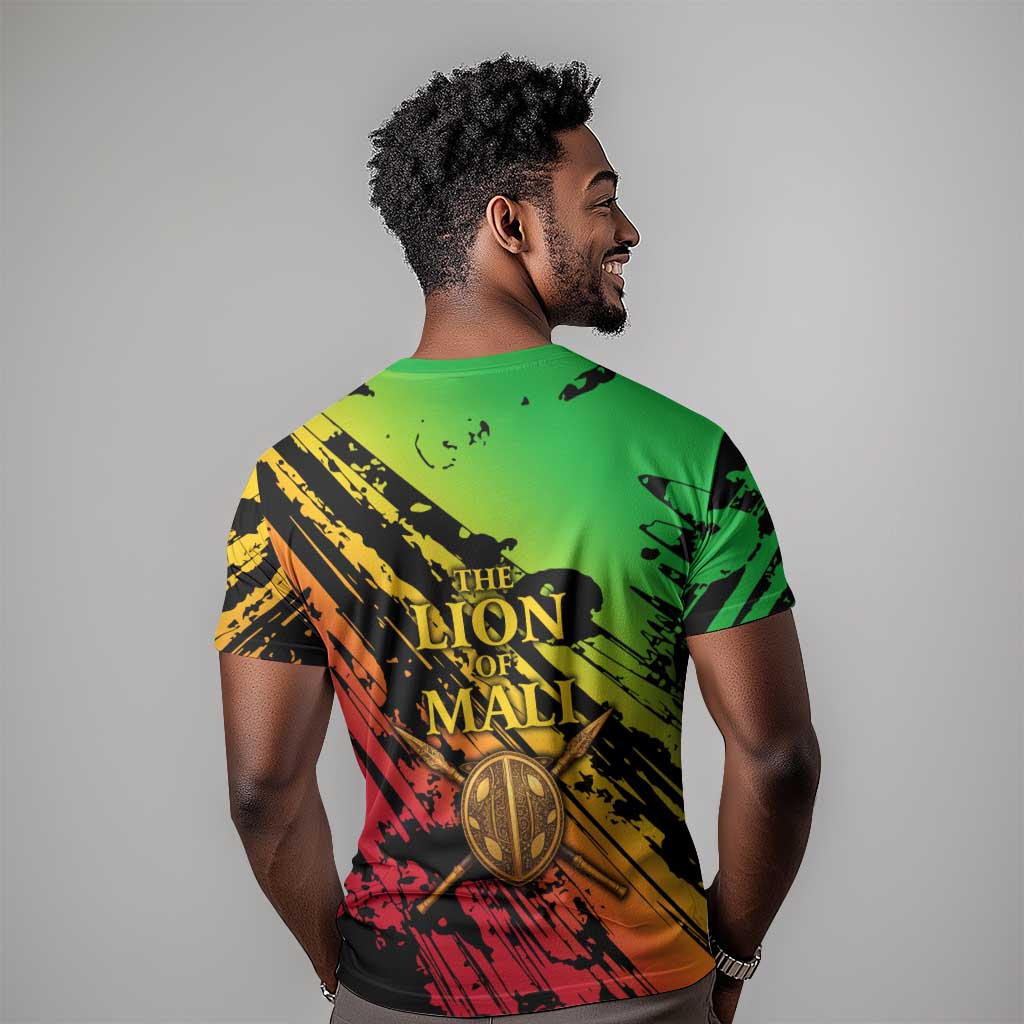 Sundiata Keita T shirt with Regal Portrait, Lion of Mali Title and Bold Tribal Brushstroke Pattern - African Pride