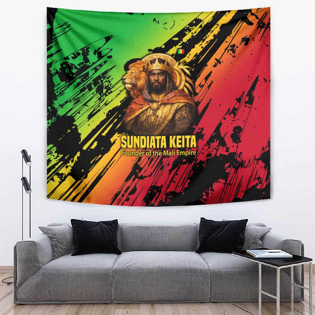 Sundiata Keita Tapestry with Regal Portrait, Lion of Mali Title and Bold Tribal Brushstroke Pattern - African Pride