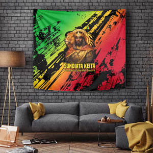 Sundiata Keita Tapestry with Regal Portrait, Lion of Mali Title and Bold Tribal Brushstroke Pattern - African Pride