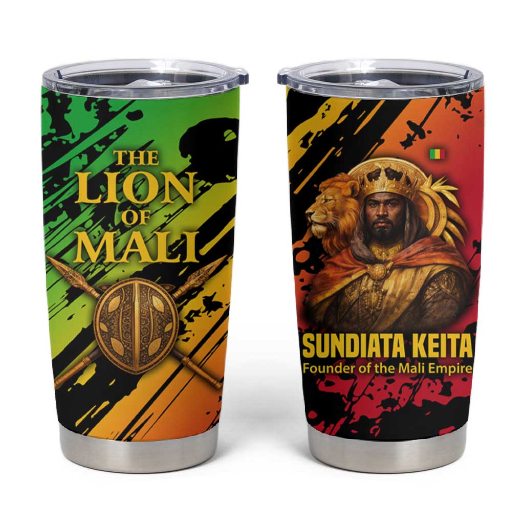 Sundiata Keita Tumbler Cup with Regal Portrait, Lion of Mali Title and Bold Tribal Brushstroke Pattern - African Pride